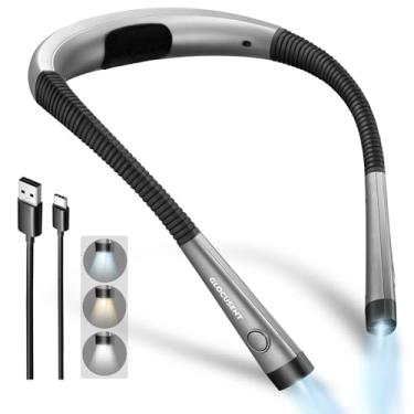 Imagem de Glocusent Luz de leitura de pescoço de LED, luz de livro para ler na cama, 3 cores, 6 níveis de brilho, braços dobráveis, recarregável, de longa duração, perfeita para ler, tricô,