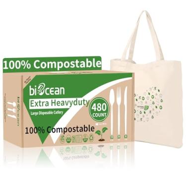 Imagem de Biocean Conjunto de talheres compostáveis extra pesados, sem garfos de plástico, colheres, facas, utensílios descartáveis, garfo biodegradável, talheres ecológicos, talheres de servir para festas,