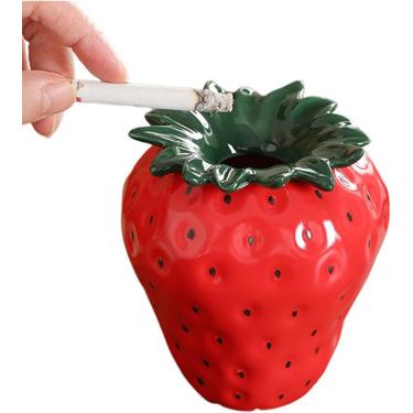 Imagem de Cinzeiros de cerâmica criativos para fumantes, cinzeiro de morango fofo com tampa para decoração de escritório em casa, vermelho