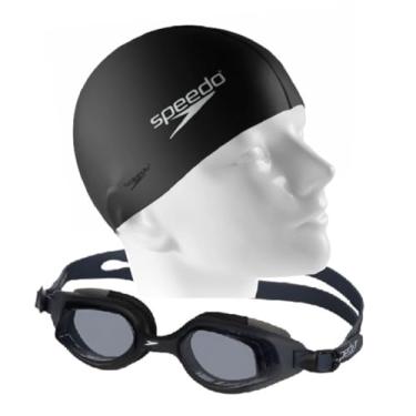 Imagem de Kit Óculos Natação Speedo Smart + Touca Flat Silicone (Óculos Preto + Touca Flat, Tamanho único)