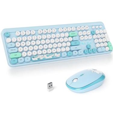 Imagem de Fogruaden Combo de teclado e mouse sem fio, teclado de máquina de escrever retrô de 2,4 GHz, 104 teclas redondas de tamanho completo, teclado de computador fofo com teclado numérico, teclado colorido