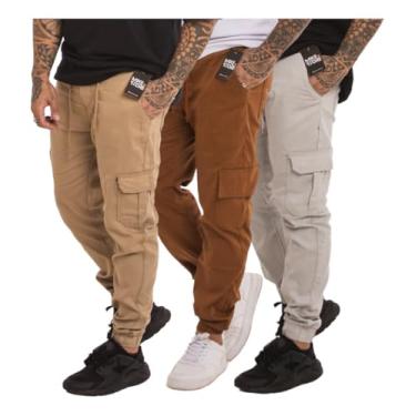 Imagem de Kit 3 Calças Cargo Masculina Jogger Elástico Sarja (BR, Alfa, G, Regular, Regular, Escolha a cor)