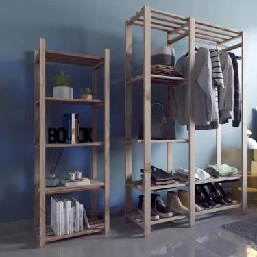 Imagem de Aparador 5 Planos Minimalista + Arara Cabideiro em Madeira Pinus - Tec