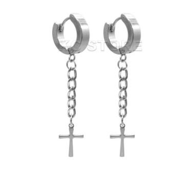 Imagem de par de brinco de cruz crucifixo argola em aço inox não escurece com co