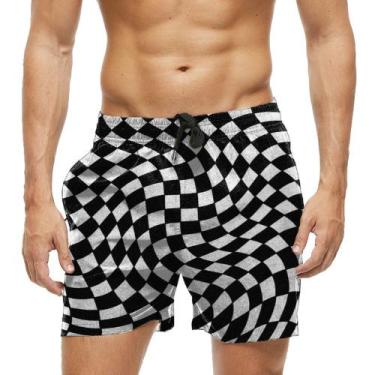 Imagem de Short Praia Shorts Banho Bermuda Verão Xadrez Preto Branco Tabuleiro 5