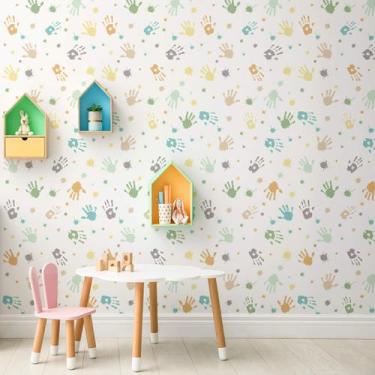 Imagem de Papel de Parede Infantil Mãozinhas de Tinta Cores Neutras - Quartinhos