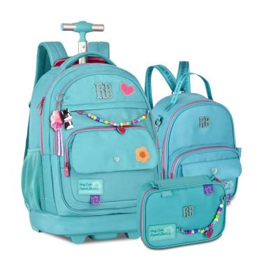 Imagem de Kit Mochila de Rodinhas Rebecca Bonbon Color Pop Miçangas + Lancheira e Estojo Azul