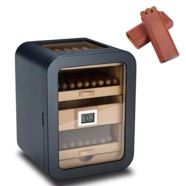 Imagem de Umidificador de gabinete de 100 contagens com gaveta de madeira de cedro espanhol, higrômetro de precisão e umidificador - caixa de mesa de charuto com design transparente frontal presente para a