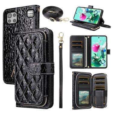 Imagem de Furiet Argyle Capa carteira para LG K92 5G com alça transversal/alça de pulso Luxuosa bolsa de couro PU com suporte de zíper à prova de choque para celular LGK925G K 92 92K LMK920AM Q92 G5 preta
