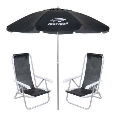 Imagem de Kit 2 Cadeiras Reclinável Alumínio + Guarda Sol Bagum 2,4m Preto Mormaii - Belfix