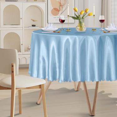 Imagem de Cobedzy Pacote com 1 toalha de mesa redonda de cetim de 228 cm, toalha de mesa de cetim azul claro, sobreposta de seda, toalhas de mesa de jantar para casamento, festa, banquete, eventos, recepção,