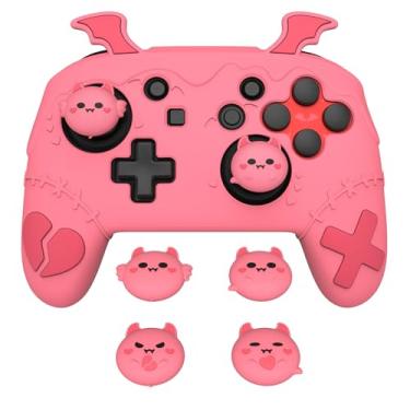 Imagem de PlayVital Gothic Imp Series Capa de silicone fofa para controle Nintendo Switch Pro com 4 polegares e 2 adesivos, capa protetora de silicone antiderrapante antiarranhões - rosa pêssego