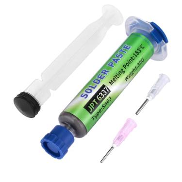 Imagem de Sn63/Pb37 Pasta de solda de estanho, ponto de fusão de 183 °C, pasta de estanho de 20-38 µm para eletrônicos, fluxo de solda para reparo de PCB, IC, BGA, SMD