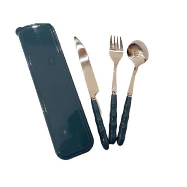 Imagem de Kit Talher 3pc Inox Estojo Garfo Faca Marmita Viagem(Azul)