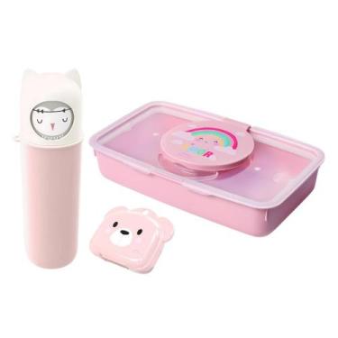 Imagem de Kit Ludico Infantil Porta Lenços Umedecidos Saboneteira Ursinho Estojo