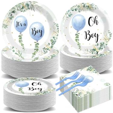 Imagem de 200PCS Oh Boy Watercolor Blue Balloon Party Tableware Set Greenery Boy Baby Shower Party Supplies Eucalyptus Party Disposable Dinnerware Plates Napkins Forks for Birthday Party Baby Shower Favors