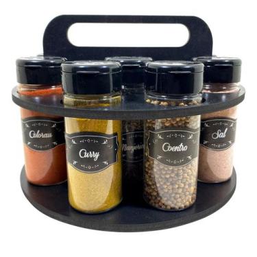 Imagem de Porta Temperos/Condimentos MDF kit 10 potes c/ Tampa Dosadora + Suport