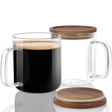 Imagem de DRASTAR Copos de café de vidro, canecas de café de 473 ml, copos de fundo plano com tampa de madeira de acácia, xícara de chá de vidro com alça, conjunto de 2 xícaras de chá transparentes