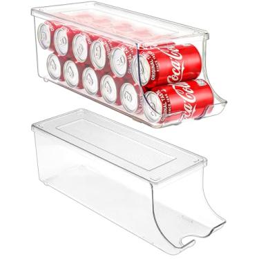 Imagem de Puricon Pacote com 2 dispensadores organizadores de latas de refrigerante para geladeira, latas de plástico transparente para alimentos enlatados recipiente de bebidas caixas de armazenamento com tampa para freezer, despensa, armário, cozinha