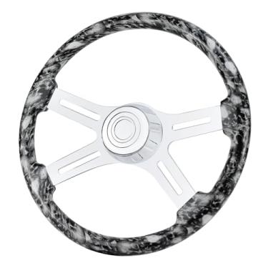 Imagem de QYMOPAY Volante De Caminhão De Madeira Maciça De 18" Com Impressão Hidrográfica, Volante De Alumínio Cromado De 4 Raios Para Semirreboques, Caminhões Para Kenworth, Peterbilt, Volvo, Freightliner (B