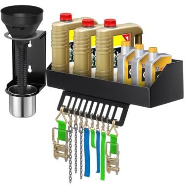 Imagem de Zonon Suporte de garrafa de óleo, suporte de ferramentas de armazenamento de garrafa de óleo com suporte de funil, suporte de parede para galpão, garagem, oficina, casa, loja de trailers de corrida