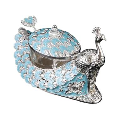 Imagem de IEUDNS Frasco de tempero de liga de zinco, garrafa de óleo decorativa, louça portátil, organizador de mesa, dispensador de açucareiro com suporte de tampa, Azul