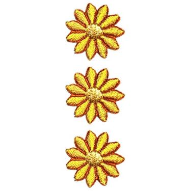 Imagem de Conjunto de 3 peças mini margaridas douradas pequenas flores hippie remendos de desenho animado flores bordadas ferro em aplique para roupas, jaquetas, camiseta, jeans, saia, coletes, cachecol chapéu