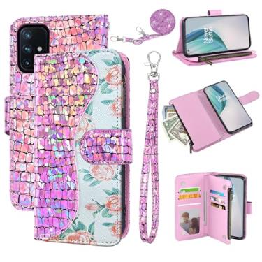 Imagem de Dibosom Capa carteira floral para OnePlus Nord N10 5G com alça de pulso alça de ombro flip zíper bolsa porta-cartões, capa de telefone com glitter para One Plus N 10 G5 1 Plus 10N 1plus One+ 1+ N105G