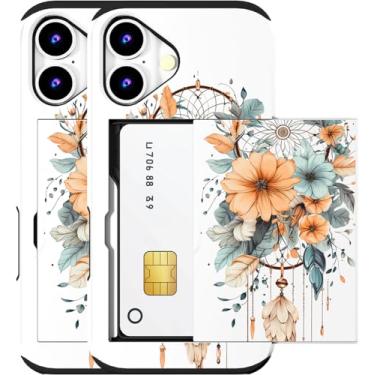 Imagem de MUQR Capa compatível com iPhone 16 com suporte de cartão fofo - Design Kawaii, proteção contra quedas de nível militar, capa carteira robusta para mulheres (apanhador de sonhos branco apanhador de