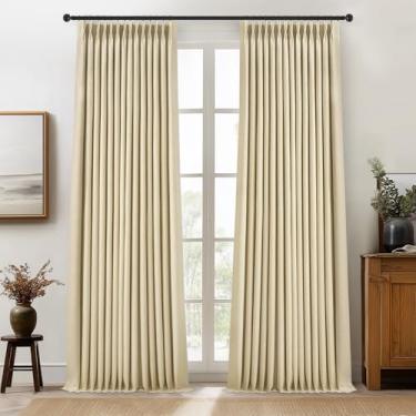 Imagem de Cortinas blecaute plissadas de linho bege areia 96 polegadas de comprimento com aba traseira com isolamento térmico casa de fazenda escurecimento quarto 100% cortinas pretas para janela conjunto de 2