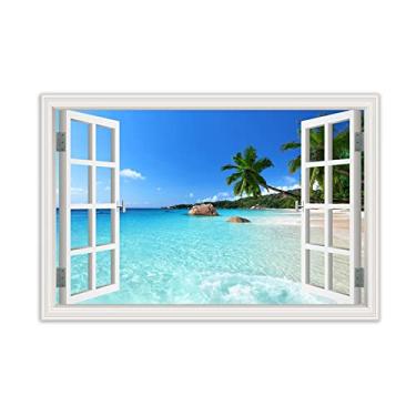 Imagem de Arte de parede com vista de janela 3D, praia, mar, coqueiro, árvore, natureza, impressão em tela, imagem de paisagem em tela, sala de estar, decoração de parede, pôster 80 x 120 cm 31 x 47 pol. sem