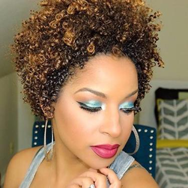Imagem de Ms Taj Perucas de cabelo humano encaracolado afro curto para mulheres negras, brasileiro virgem curto encaracolado, perucas afro, nenhuma renda, densidade 150% não processada, peruca afro cabelo humano encaracolado feito à máquina (DX 4/33/30)