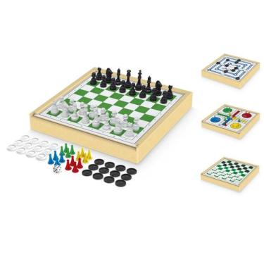 Imagem de Jogos de Tabuleiro 4 em 1 Xadrez, Ludo, Damas e Trilha Estojo em Madei