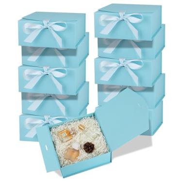 Imagem de OEMVALATY Pacote com 10 caixas de presente, caixa de presente de 24 x 15 x 7 cm com tampa magnética e fita, caixa de casamento para casamento, armazenamento, presente (azul)