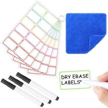 Imagem de Honoson 60 pontos de etiquetas apagáveis a seco, notas adesivas para recipientes, etiquetas reutilizáveis, à prova d'água, adesivos removíveis com caneta apagável e toalha pequena para caixas de