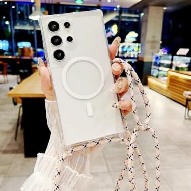 Imagem de Capa de acrílico à prova de choque com alça para Samsung Galaxy S25 Ultra S23 S24 Plus S25Plus, cordão transversal, capa magnética sem fio transparente, rosa, para S25