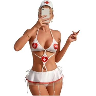Imagem de BBOYMMYOBB Roupa sexy de enfermeira, vestido extravagante, feminino, fantasia de médico travesso, lingerie cosplay para festa de Halloween, Branco/Vermelho, M