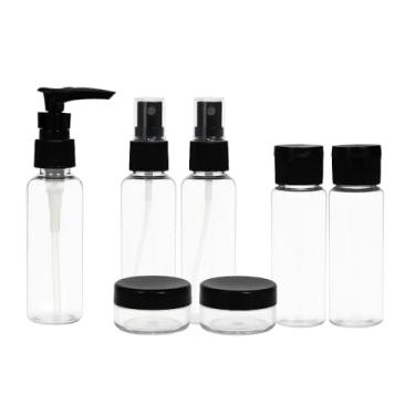 Imagem de Kit Frascos para Viagem 7 Peças – Frascos Portáteis Reutilizáveis para Shampoo, Sabonete, Cremes, Cosméticos, Líquidos – Mini Potes Plásticos para Mala de Mão e Necessaire - Shop100 (Preto)