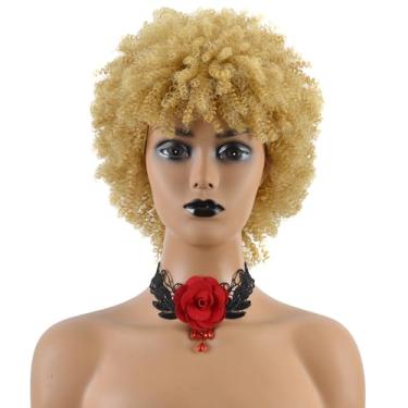 Imagem de SiYi Peruca sintética curta afro encaracolada para mulheres negras, perucas bege resistentes ao calor, perucas inteiras macias e onduladas