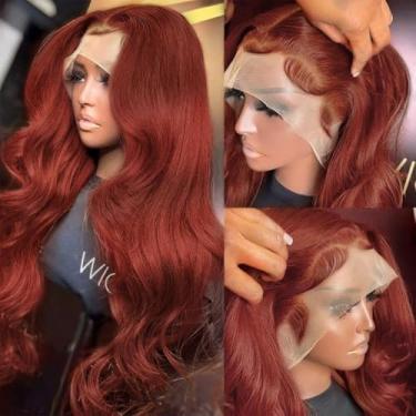 Imagem de Perucas de cabelo humano de cor marrom avermelhada com tela frontal 33 x 10 cm sem cola, cabelo humano pré-arrancado, ondulado, sem cola, peruca transparente HD lace frontal 61 cm