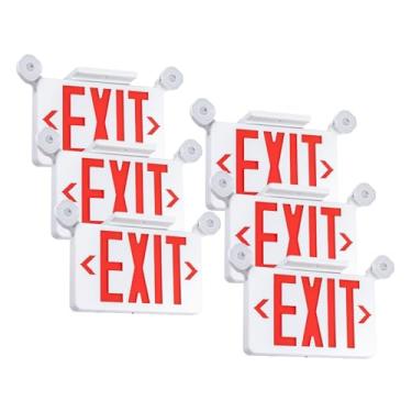 Imagem de Gruenlich Placa de saída vermelha com luzes de emergência, 2 cabeças de LED ajustáveis e bateria reserva, UL 924, AC 120/277V, luz de saída com fio comercial para empresas, pacote com 6