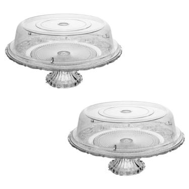 Imagem de Kit 2 Boleiras Prato para Bolo de Vidro com Pé Tampa de Plástico Lyor Padaria Eventos