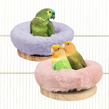Imagem de Magnoloran 2 peças, plataforma de suporte para pássaros, rede suspensa de papagaio de pelúcia, ninho de pássaros, cabana aconchegante, cama de pássaros para dormir, poleiro de madeira para papagaios