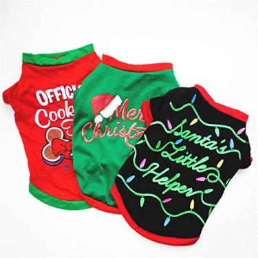 Imagem de Pacote com 3 camisetas de Natal para cães com flocos de neve, roupa de animal de estimação, Papai Noel, roupas divertidas para cães e gatos pequenos, festas festivas de Natal (pequena)