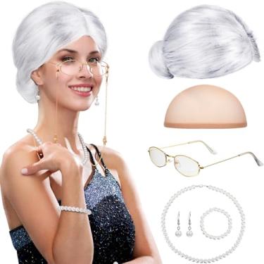 Imagem de Gejoy Conjunto de 7 peças de fantasia de peruca de senhora para avó, óculos, corrente, colar de pérolas para adereços de Halloween, cosplay, Branco, 7 Piece Set