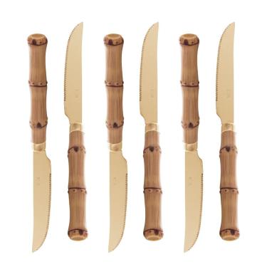 Imagem de Conjunto 6 Facas de Churrasco de Aço Inox com Cabo em Plástico Bambu Dourado 22cm - Lyor