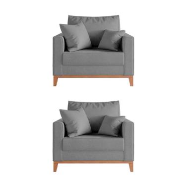 Imagem de Kit 2 Poltronas Beny Decorativa Com 2 Almofadas Linho Cinza Base Em Madeira Maciça