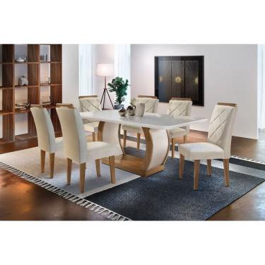 Imagem de Sala de Jantar Completa Jade Tampo Madeirado c/ Vidro Canto Curvo 180x90cm e 6 Cadeiras Melissa Capuccino/Suede Creme - Rufato