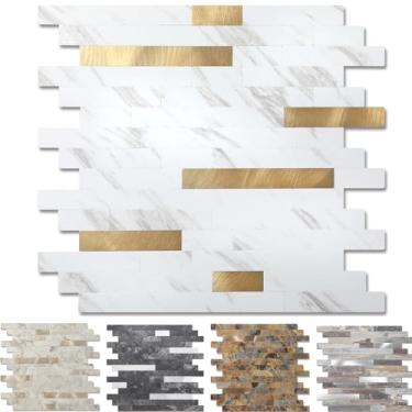 Imagem de Yipscazo 10 folhas de revestimento de azulejo de metal de pedra, cole em azulejos para cozinha, banheiro, lavanderia, acampamento, lareira (30 x 30 cm, pedra branca com ouro)