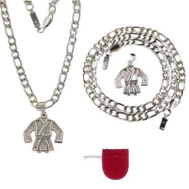 Imagem de Cordão Corrente Aço Banhado Prata 925 + Pingente Kimono